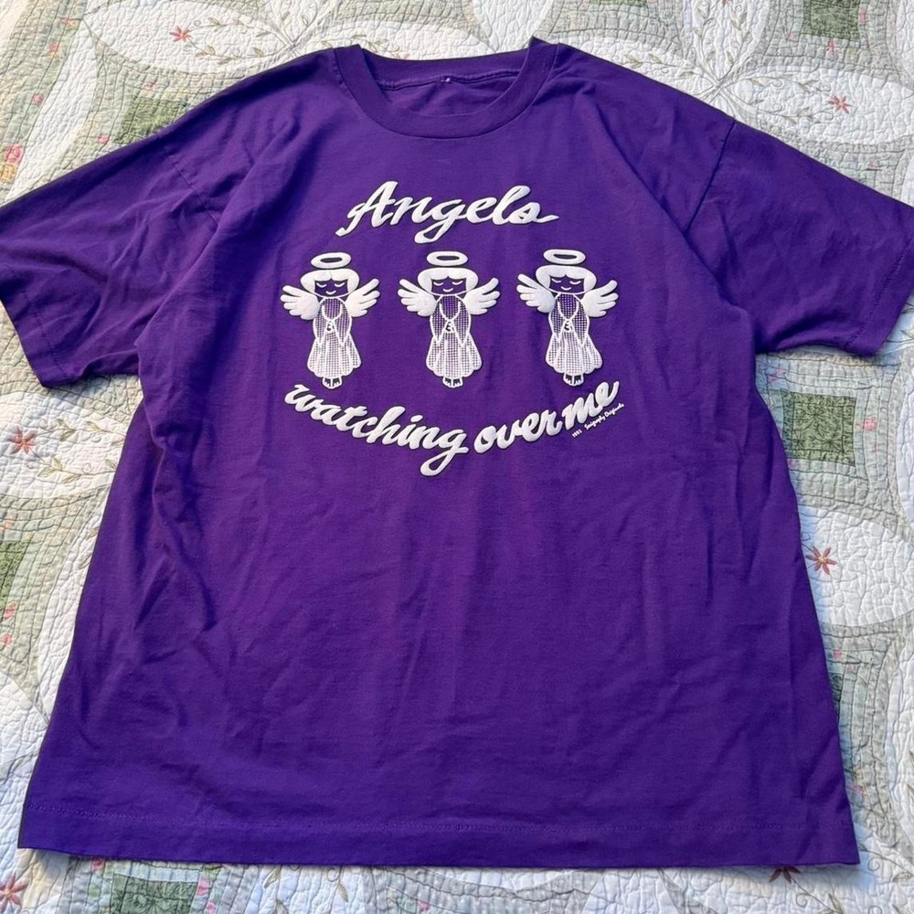 Vintage 1993 Angels Watching Over Me Graphic Purple Single Stitch T-Shirt XL